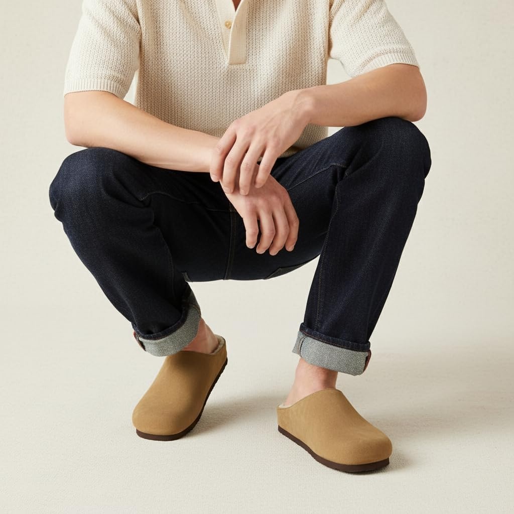 image:imageCUSHIONAIRE Heath Genuine Suede Cozy Mens Slippers Faux Fur Clog House Shoes with Memory Foam Indoor Outdoor Slippers for MenTaupe