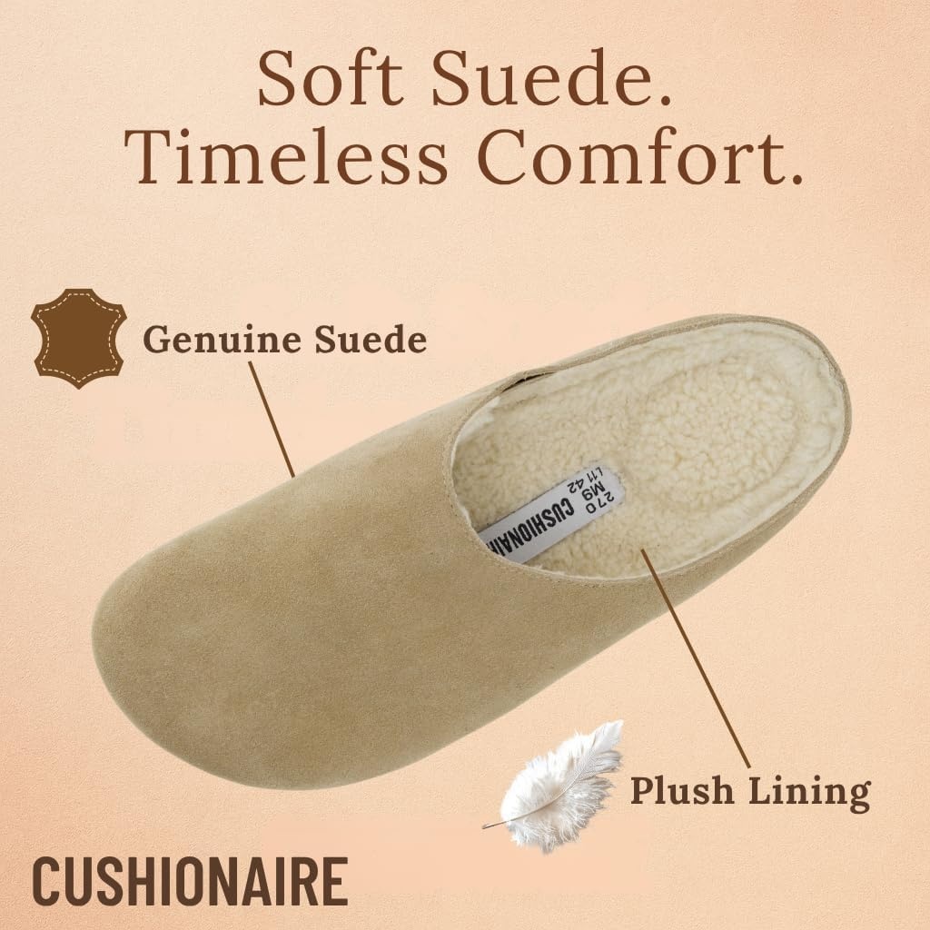 image:imageCUSHIONAIRE Heath Genuine Suede Cozy Mens Slippers Faux Fur Clog House Shoes with Memory Foam Indoor Outdoor Slippers for MenTaupe