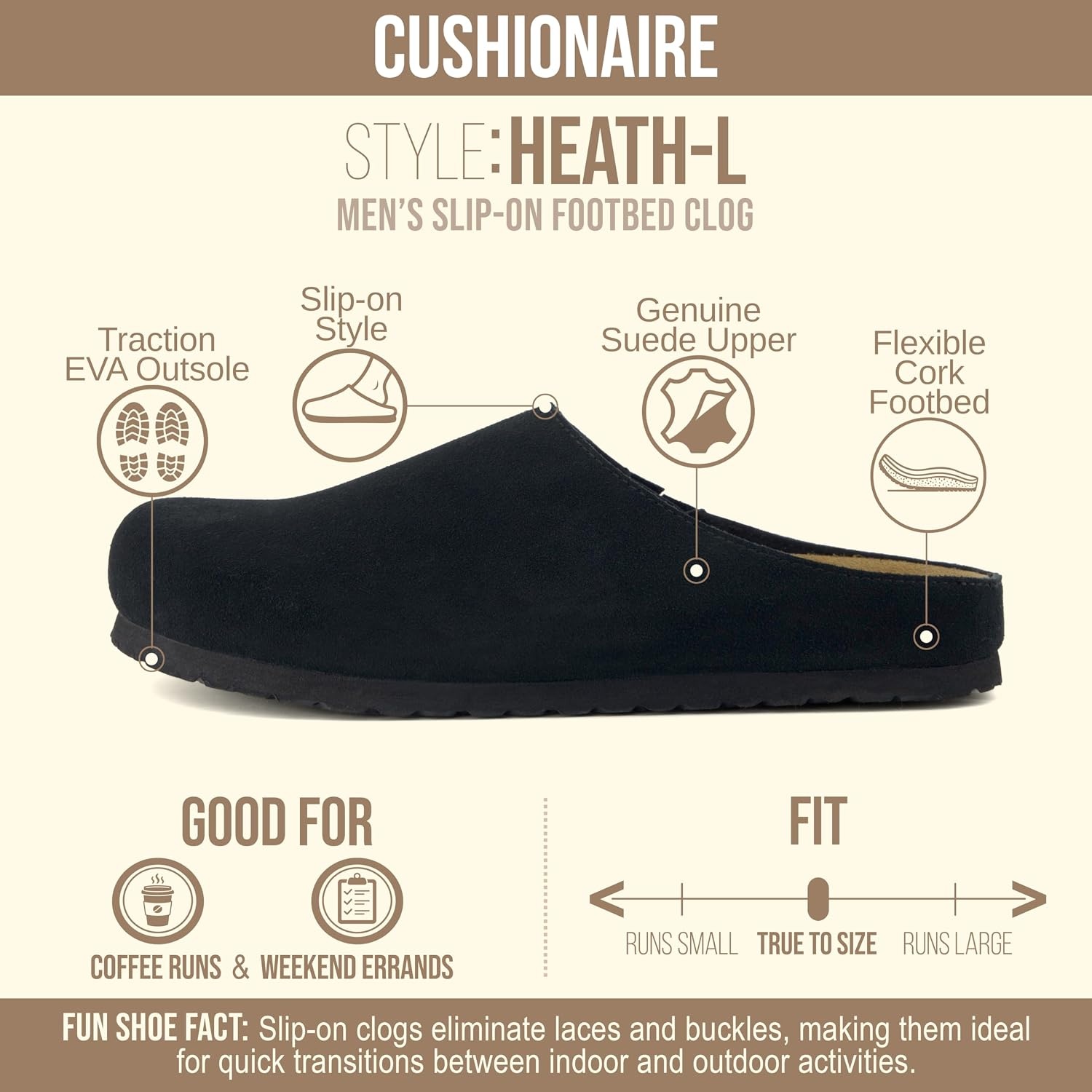 image:imageCUSHIONAIRE Heath Genuine Suede Leather Mens Clogs with Memory Foam Comfort Easy Slip On Slides for MenBlack