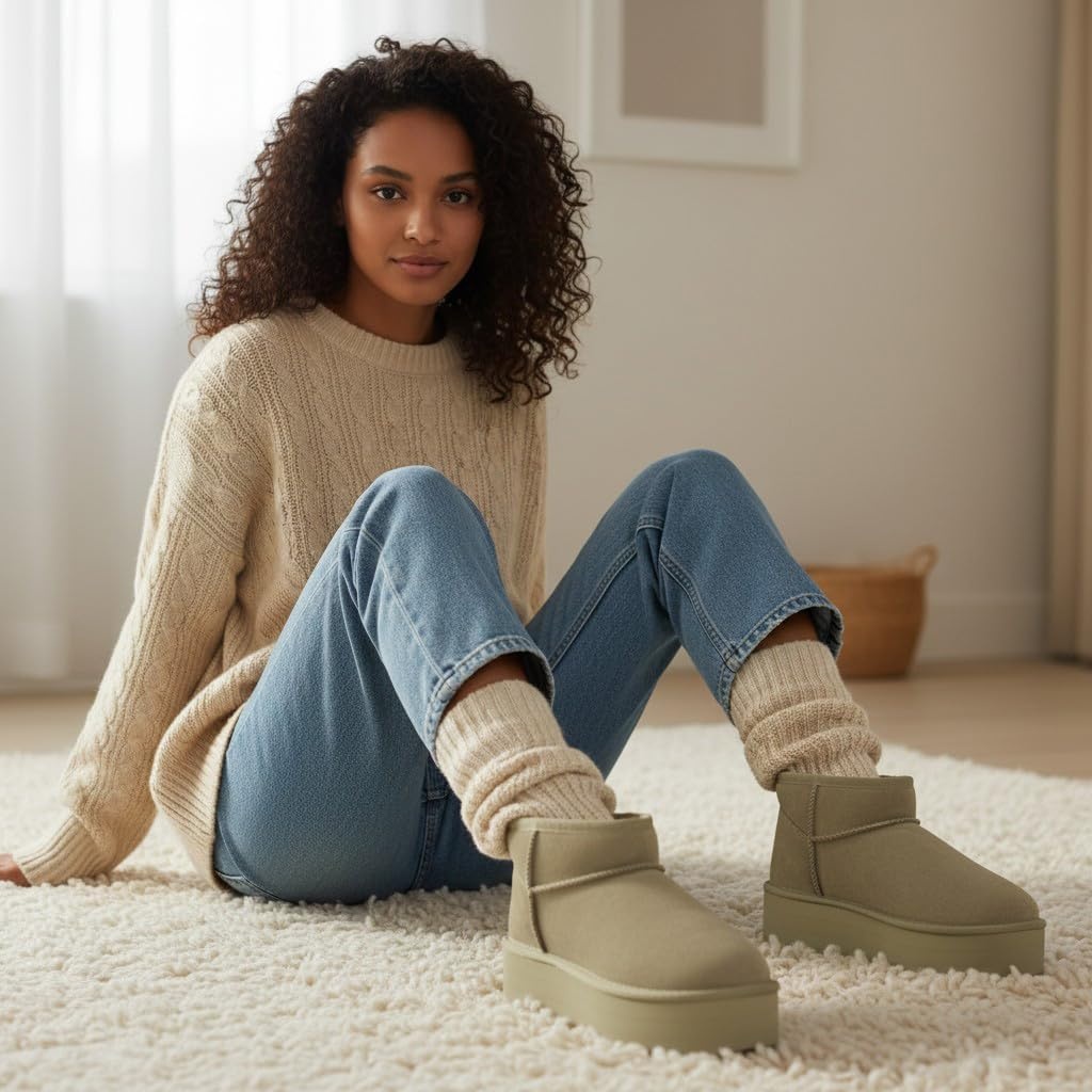 image:imageCUSHIONAIRE Hippy Womens Platform Ankle Boots Genuine Suede Faux Fur Lining Cozy Winter SlipOn Design Comfortable Footwear with Wide Widths AvailableKhaki