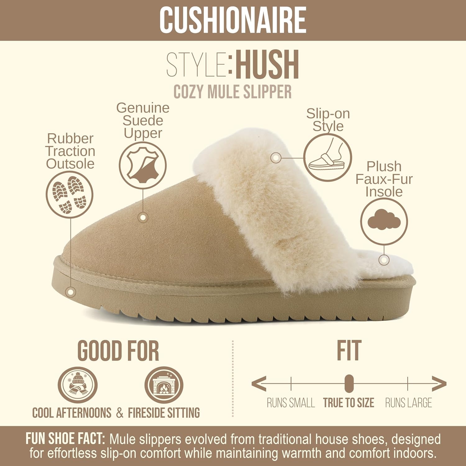 image:imageCUSHIONAIRE Hush 100 Genuine Suede Cozy Womens Slippers with Faux Fur Lining Slip On Comfortable Mule House Slippers for Women Indoor and OutdoorBiscuit