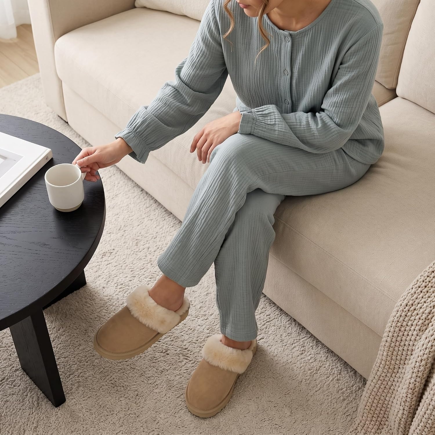 image:imageCUSHIONAIRE Hush 100 Genuine Suede Cozy Womens Slippers with Faux Fur Lining Slip On Comfortable Mule House Slippers for Women Indoor and OutdoorBiscuit