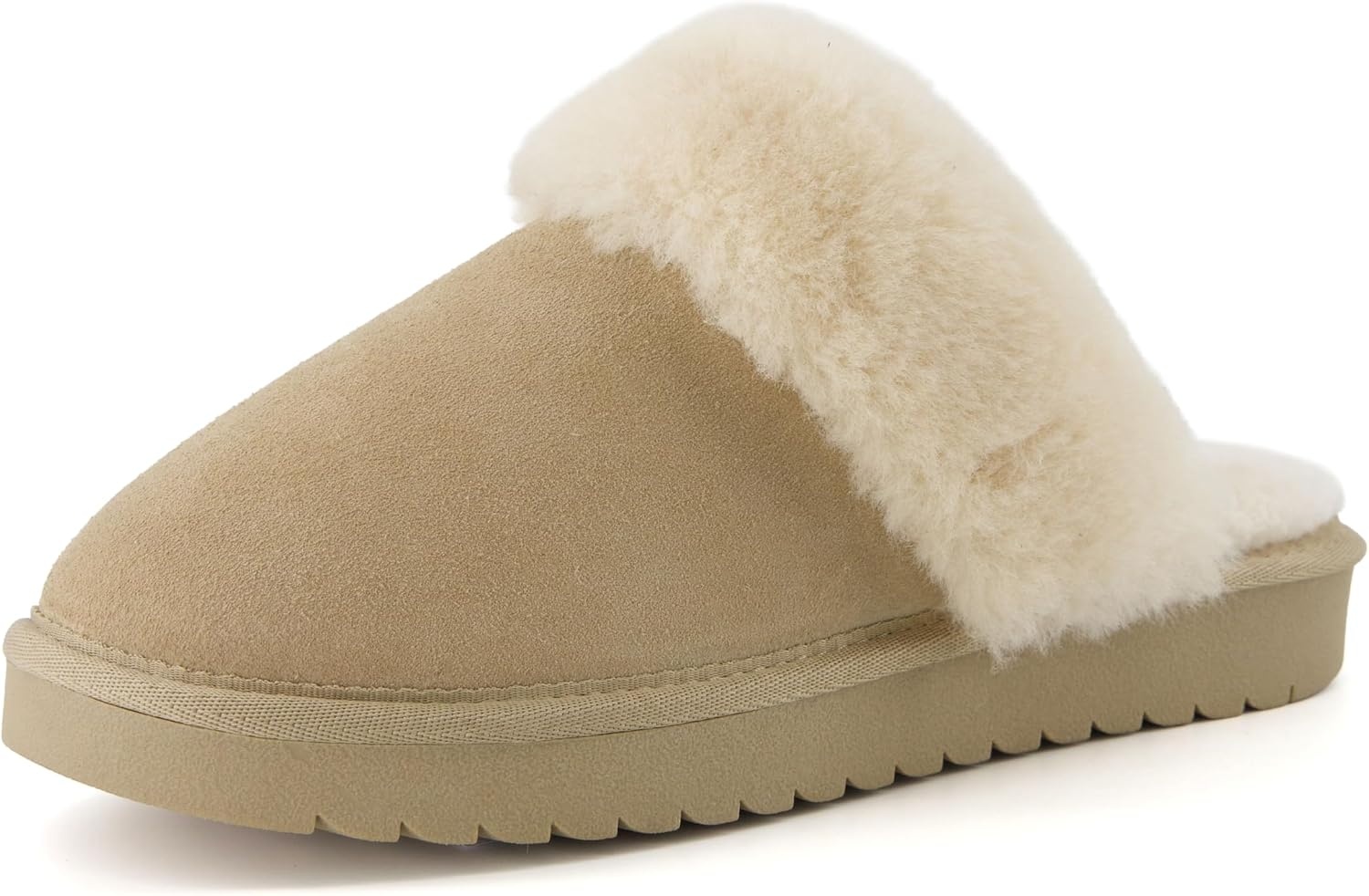image:imageCUSHIONAIRE Hush 100 Genuine Suede Cozy Womens Slippers with Faux Fur Lining Slip On Comfortable Mule House Slippers for Women Indoor and OutdoorBiscuit