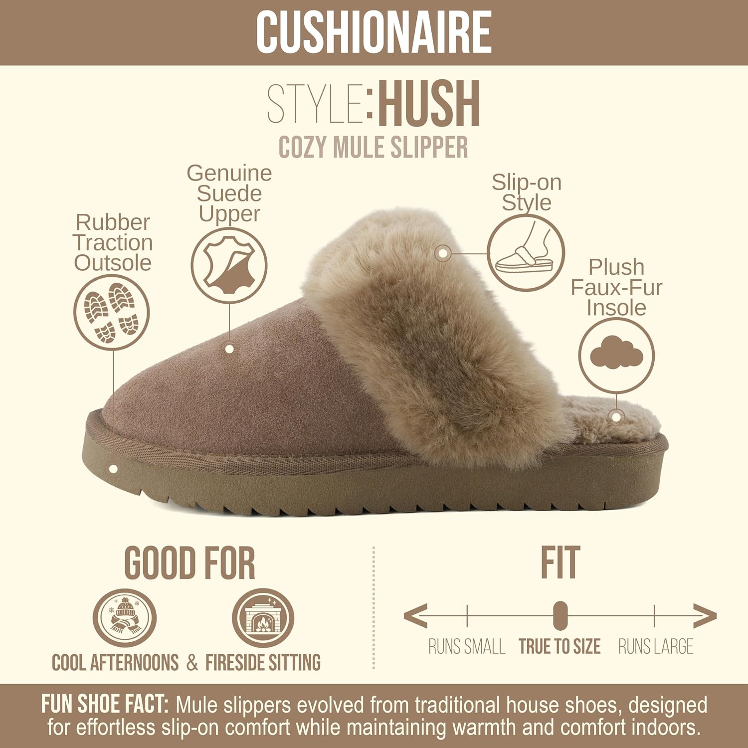 image:imageCUSHIONAIRE Hush 100 Genuine Suede Cozy Womens Slippers with Faux Fur Lining Slip On Comfortable Mule House Slippers for Women Indoor and OutdoorTaupe