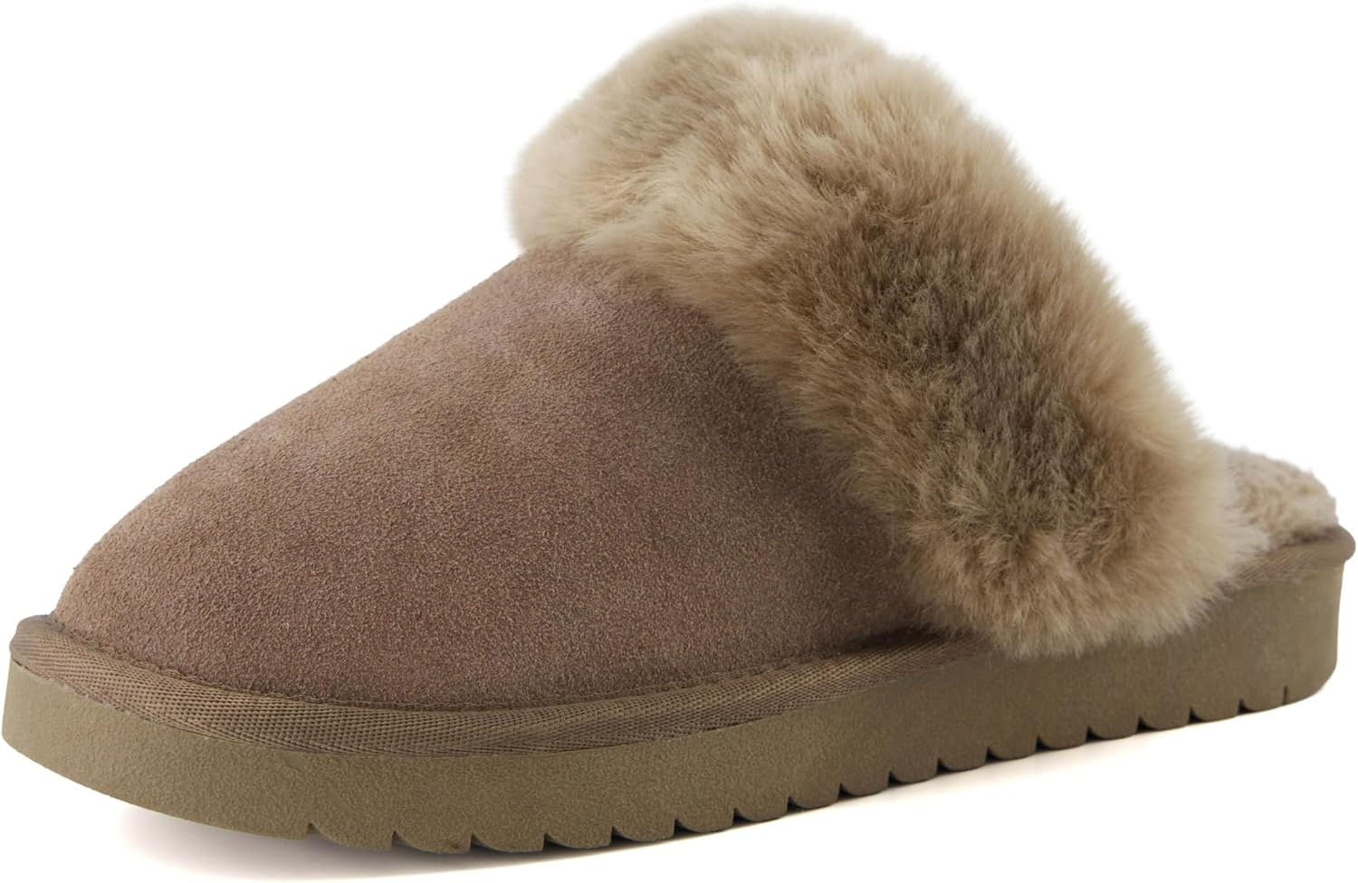 image:imageCUSHIONAIRE Hush 100 Genuine Suede Cozy Womens Slippers with Faux Fur Lining Slip On Comfortable Mule House Slippers for Women Indoor and OutdoorTaupe