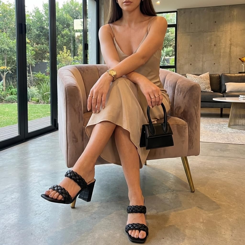 image:imageCUSHIONAIRE Irine Chunky Heels for Women Braided Block Heel Sandals with Square Toe and Memory FoamBlack