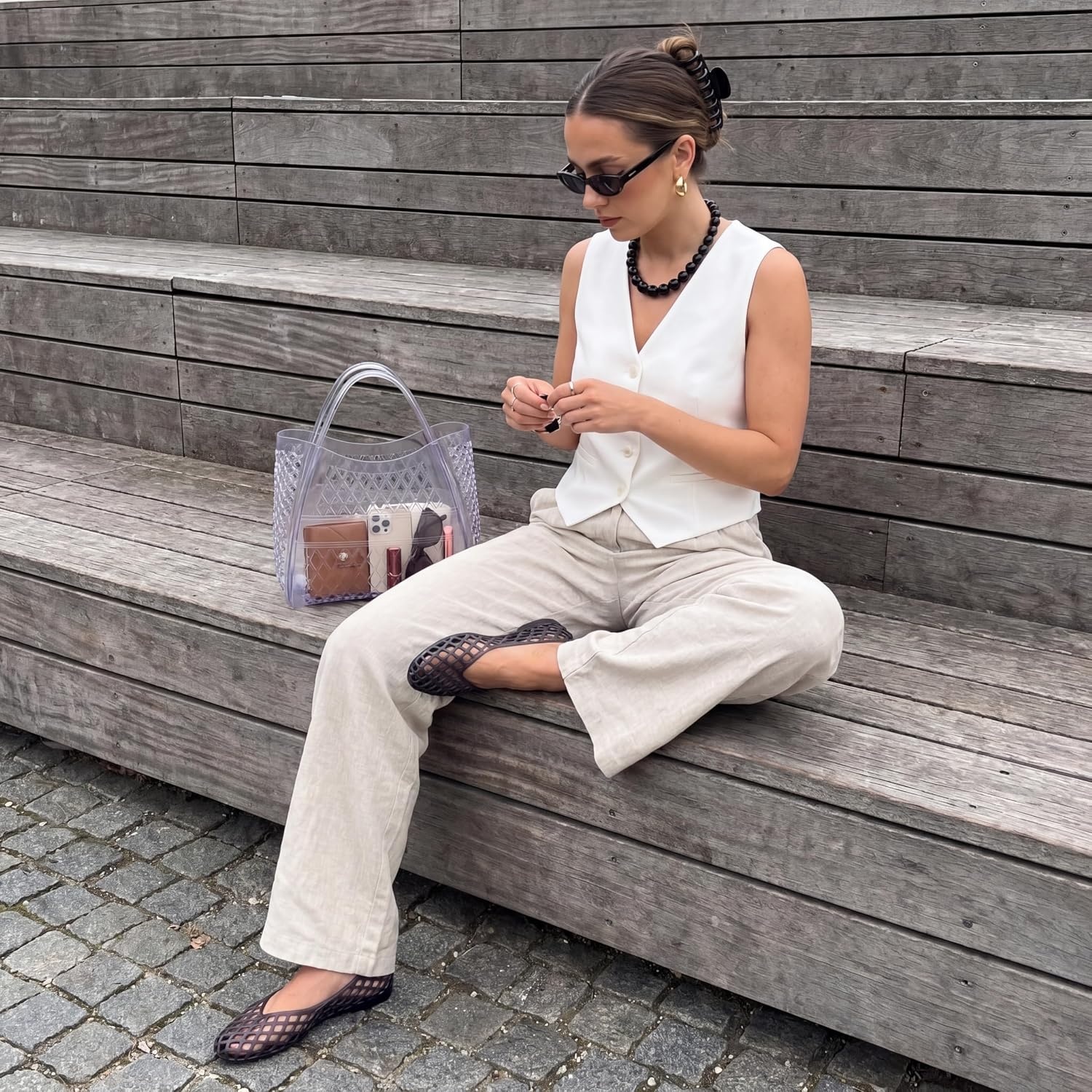 image:imageCUSHIONAIRE Kizzy Clear Jelly Tote Bags for Women Lightweight Waterproof Beach Purse with Open Top and Lattice CutoutClear
