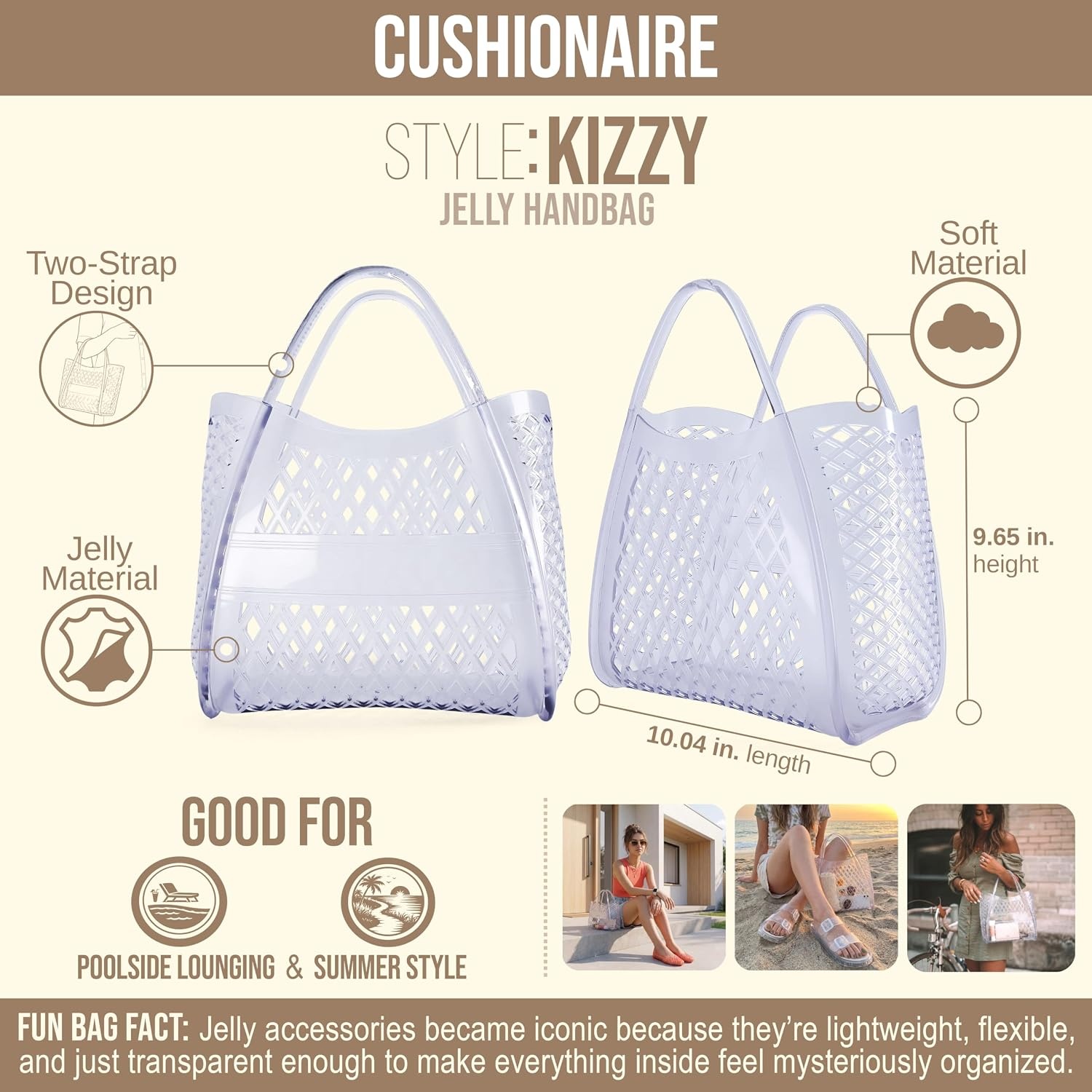 image:imageCUSHIONAIRE Kizzy Clear Jelly Tote Bags for Women Lightweight Waterproof Beach Purse with Open Top and Lattice CutoutClear