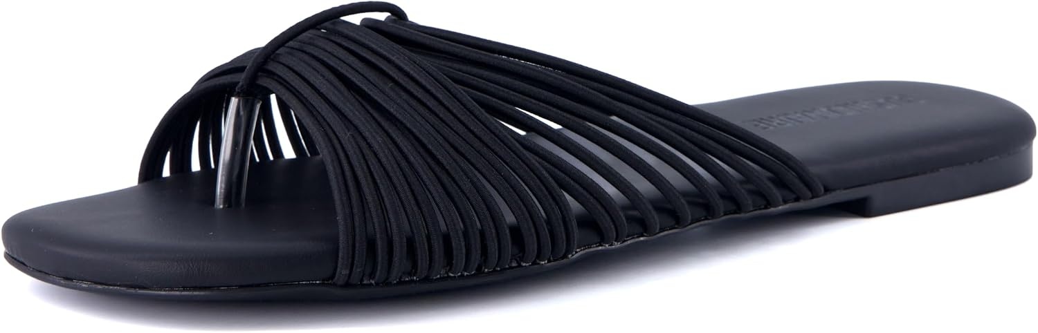 image:imageCUSHIONAIRE Lanky Strappy Sandals for Women Trendy MultiStrap Square Toe Flat Slide Womens Sandals with Cushioned FootbedBlack