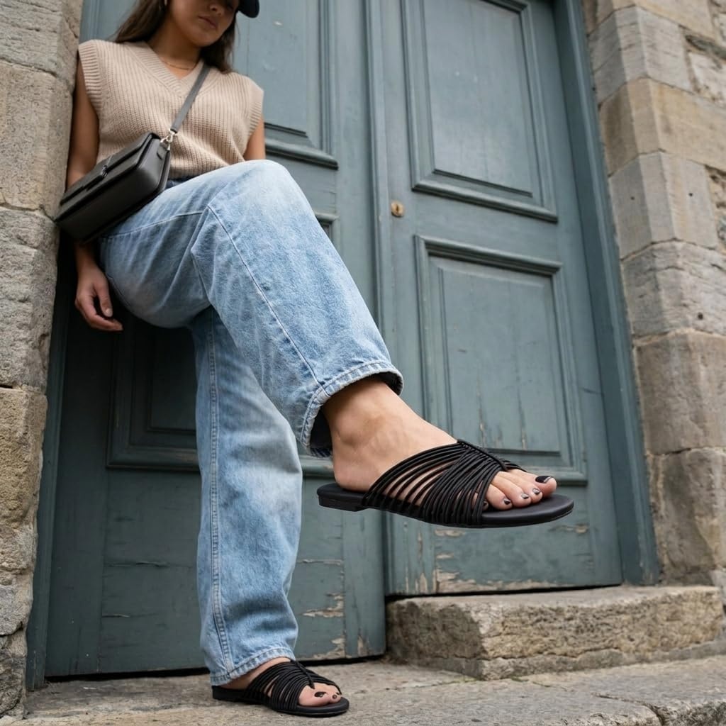 image:imageCUSHIONAIRE Lanky Strappy Sandals for Women Trendy MultiStrap Square Toe Flat Slide Womens Sandals with Cushioned FootbedBlack