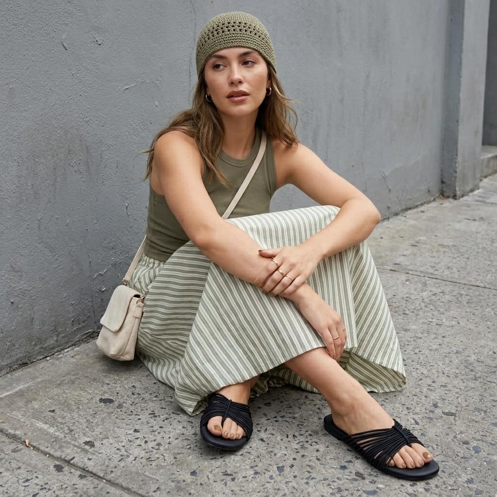 image:imageCUSHIONAIRE Lanky Strappy Sandals for Women Trendy MultiStrap Square Toe Flat Slide Womens Sandals with Cushioned FootbedBlack
