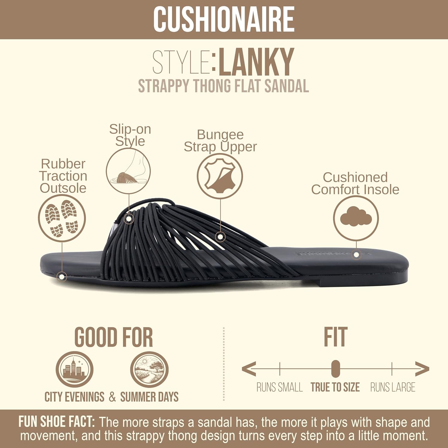 image:imageCUSHIONAIRE Lanky Strappy Sandals for Women Trendy MultiStrap Square Toe Flat Slide Womens Sandals with Cushioned FootbedBlack