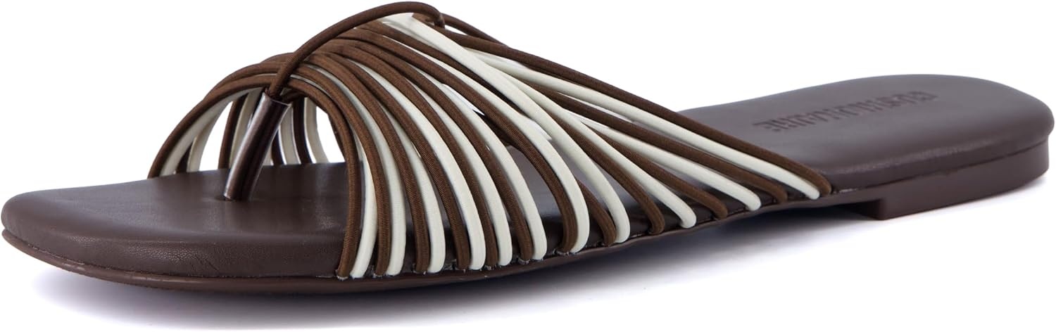 image:imageCUSHIONAIRE Lanky Strappy Sandals for Women Trendy MultiStrap Square Toe Flat Slide Womens Sandals with Cushioned FootbedBrown Multi