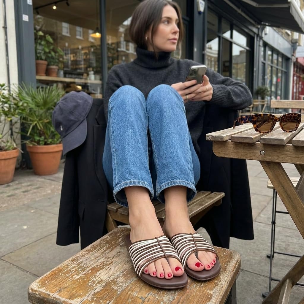 image:imageCUSHIONAIRE Lanky Strappy Sandals for Women Trendy MultiStrap Square Toe Flat Slide Womens Sandals with Cushioned FootbedBrown Multi