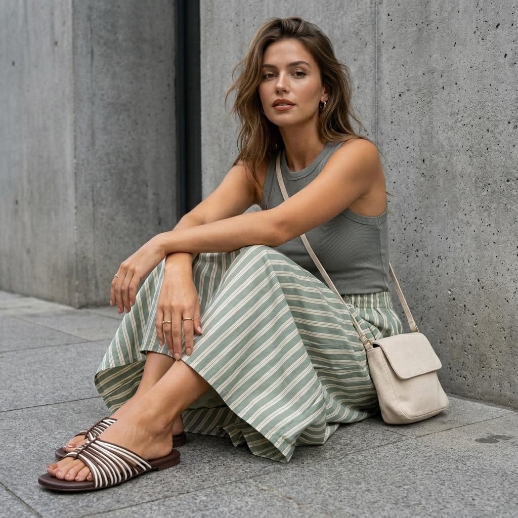 image:imageCUSHIONAIRE Lanky Strappy Sandals for Women Trendy MultiStrap Square Toe Flat Slide Womens Sandals with Cushioned FootbedBrown Multi