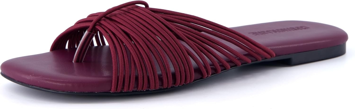 image:imageCUSHIONAIRE Lanky Strappy Sandals for Women Trendy MultiStrap Square Toe Flat Slide Womens Sandals with Cushioned FootbedBurgundy