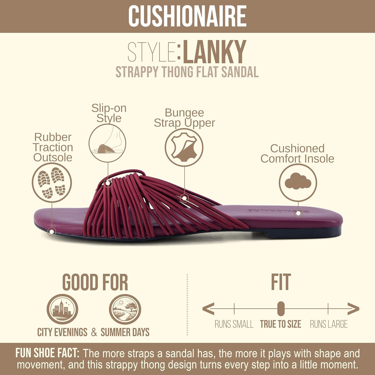 image:imageCUSHIONAIRE Lanky Strappy Sandals for Women Trendy MultiStrap Square Toe Flat Slide Womens Sandals with Cushioned FootbedBurgundy