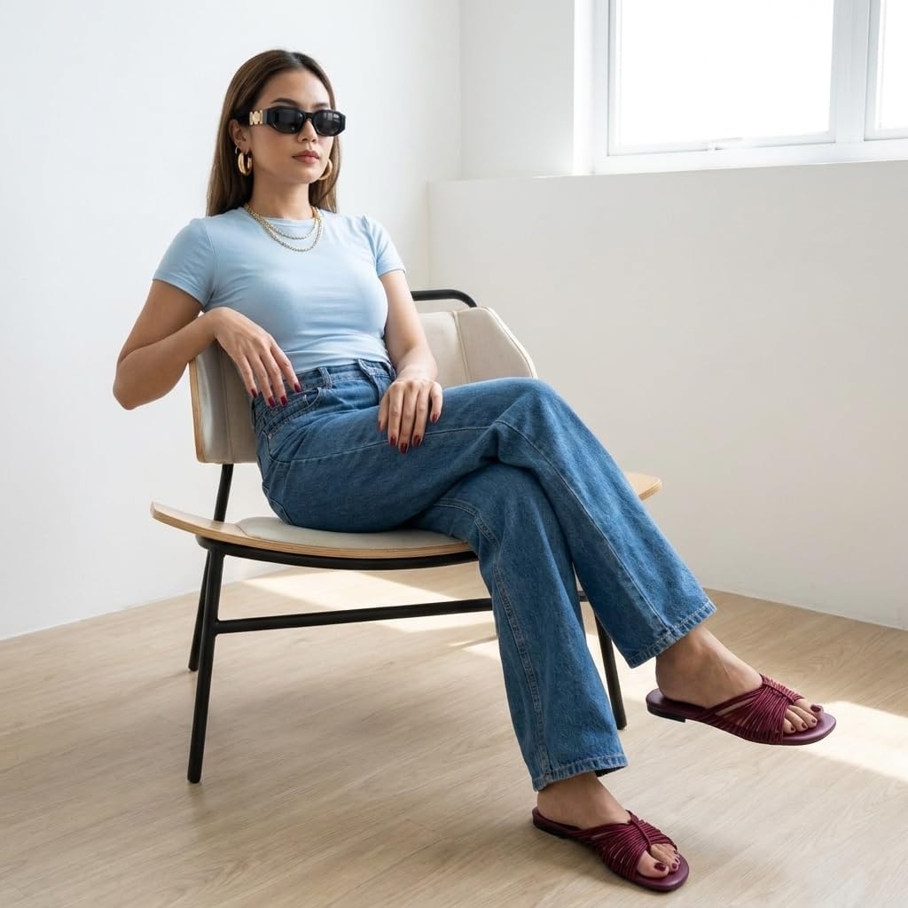 image:imageCUSHIONAIRE Lanky Strappy Sandals for Women Trendy MultiStrap Square Toe Flat Slide Womens Sandals with Cushioned FootbedBurgundy