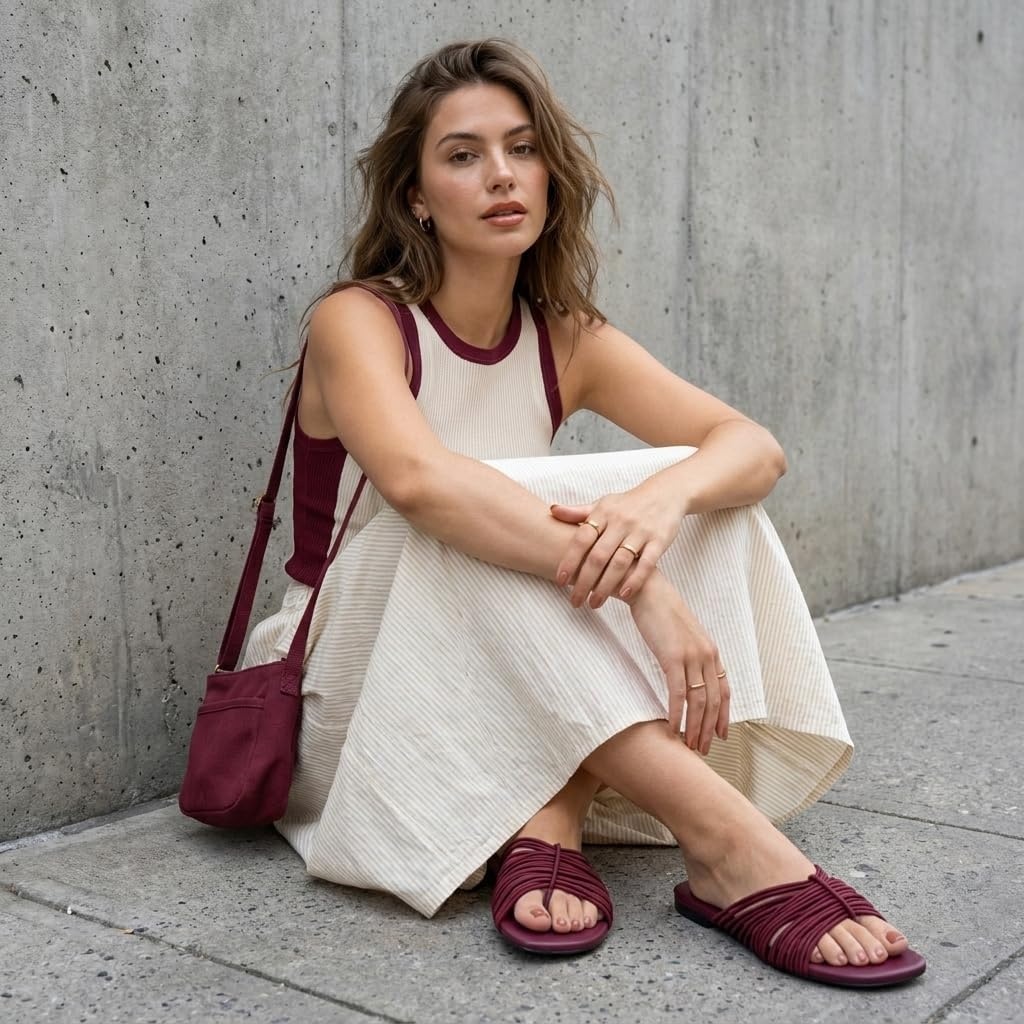 image:imageCUSHIONAIRE Lanky Strappy Sandals for Women Trendy MultiStrap Square Toe Flat Slide Womens Sandals with Cushioned FootbedBurgundy