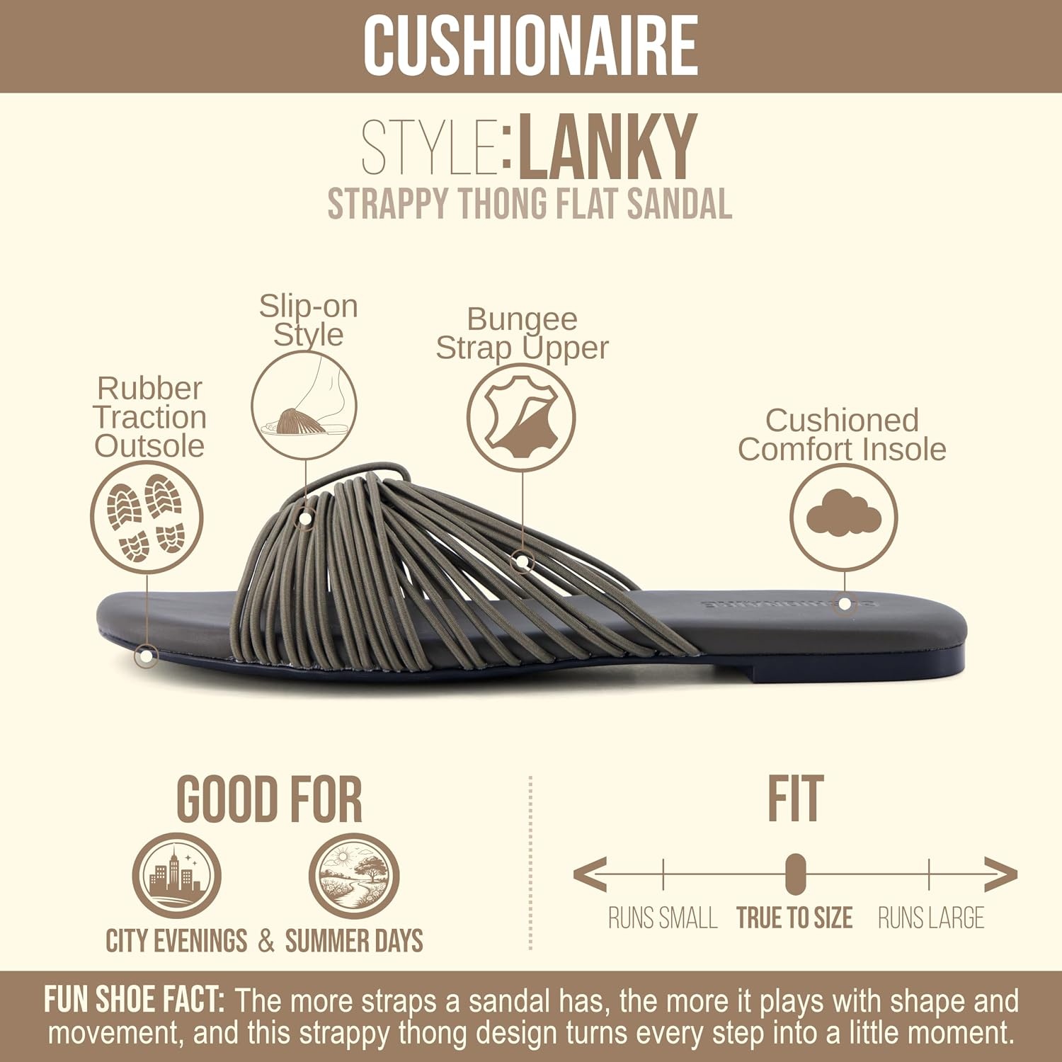 image:imageCUSHIONAIRE Lanky Strappy Sandals for Women Trendy MultiStrap Square Toe Flat Slide Womens Sandals with Cushioned FootbedKhaki