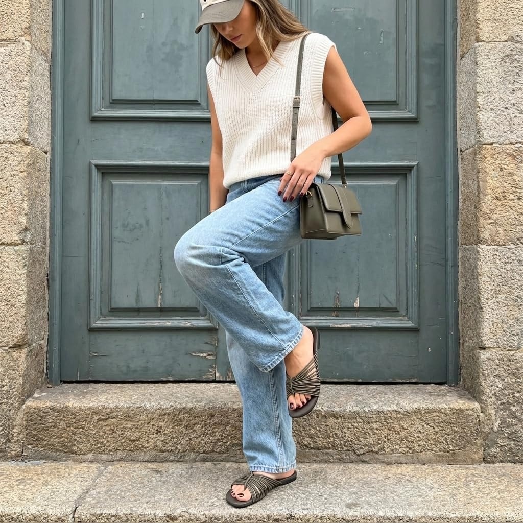 image:imageCUSHIONAIRE Lanky Strappy Sandals for Women Trendy MultiStrap Square Toe Flat Slide Womens Sandals with Cushioned FootbedKhaki