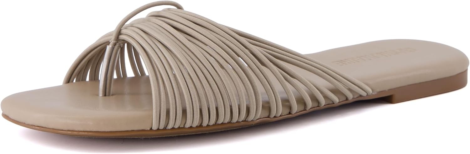 image:imageCUSHIONAIRE Lanky Strappy Sandals for Women Trendy MultiStrap Square Toe Flat Slide Womens Sandals with Cushioned FootbedTaupe