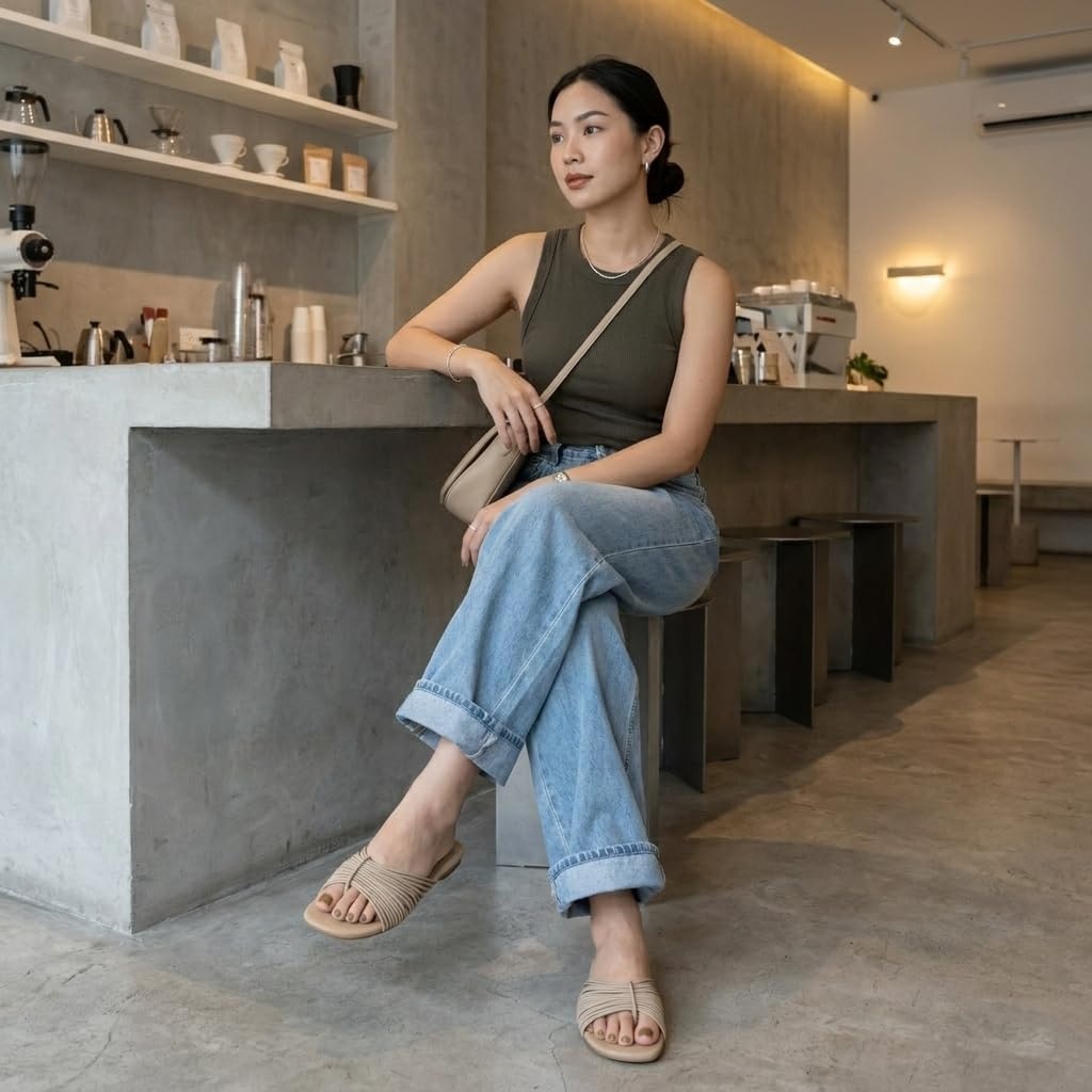 image:imageCUSHIONAIRE Lanky Strappy Sandals for Women Trendy MultiStrap Square Toe Flat Slide Womens Sandals with Cushioned FootbedTaupe