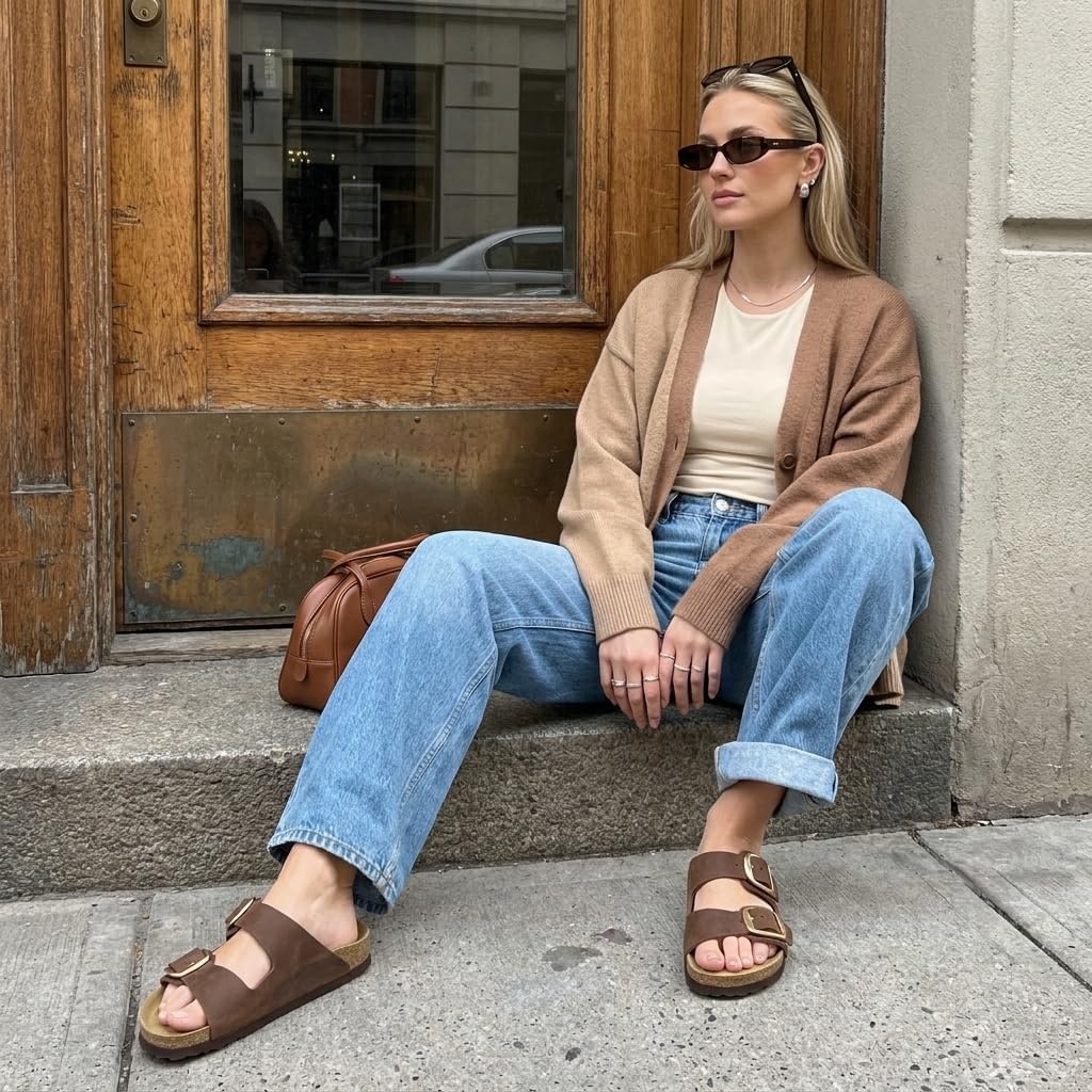 image:imageCUSHIONAIRE Laz Genuine Suede Cork Footbed Slide Sandals for WomenTobacco