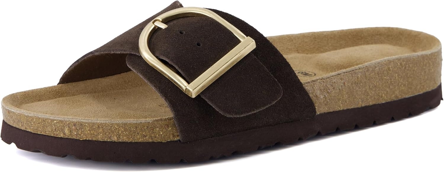 image:imageCUSHIONAIRE Leeds 100 Genuine Leather Suede Womens Sandals Comfortable Slides for Women with Adjustable Statement BuckleChocolate
