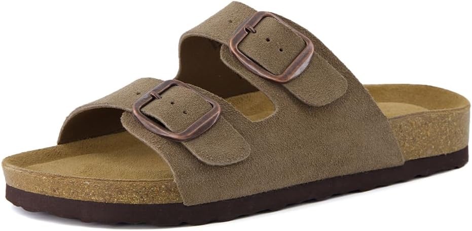image:imageCUSHIONAIRE Logo 100 Genuine Leather Suede Slides for Women Cushioned Cork Footbed Womens Sandals with Adjustable Buckles and Memory FoamMoss