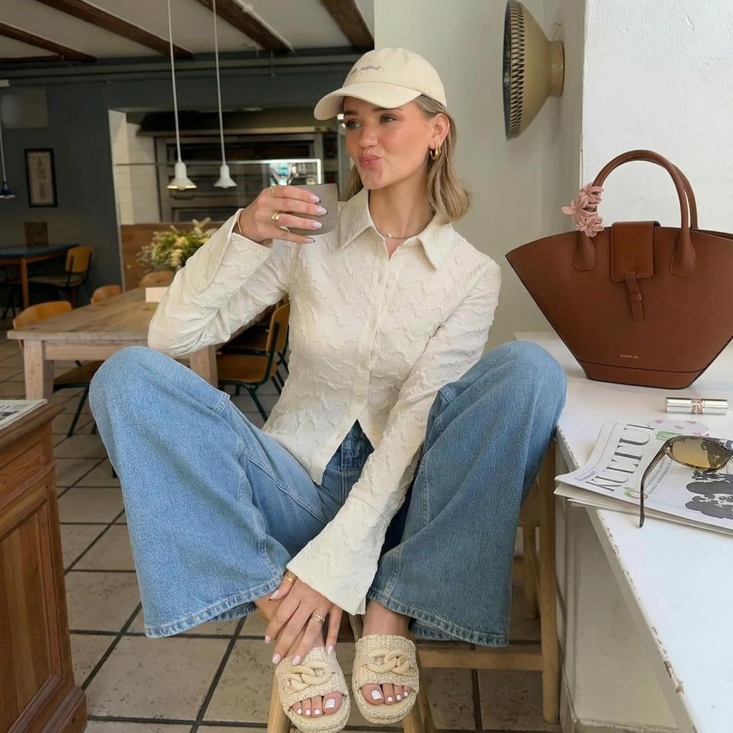 image:imageCUSHIONAIRE Lucia Raffia Bow Espadrille Sandals for Women Woven Straw Flat Slide Summer Sandals with Cushioned FootbedBeige