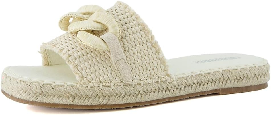 image:imageCUSHIONAIRE Lucia Raffia Bow Espadrille Sandals for Women Woven Straw Flat Slide Summer Sandals with Cushioned FootbedBeige