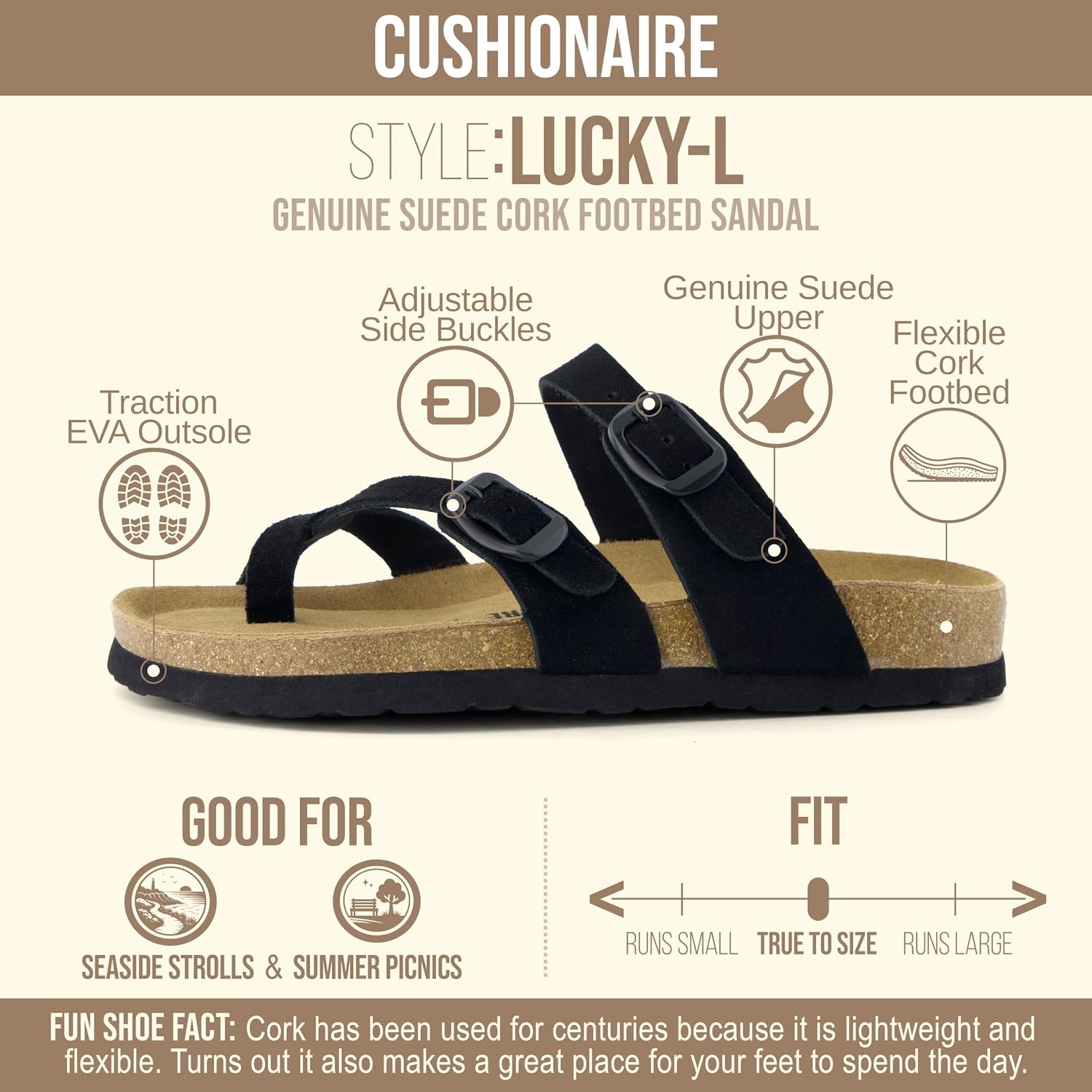 image:imageCUSHIONAIRE Lucky 100 Genuine Leather Suede Womens Sandals Comfortable Cork Footbed Slides for Women with Adjustable BucklesBlack
