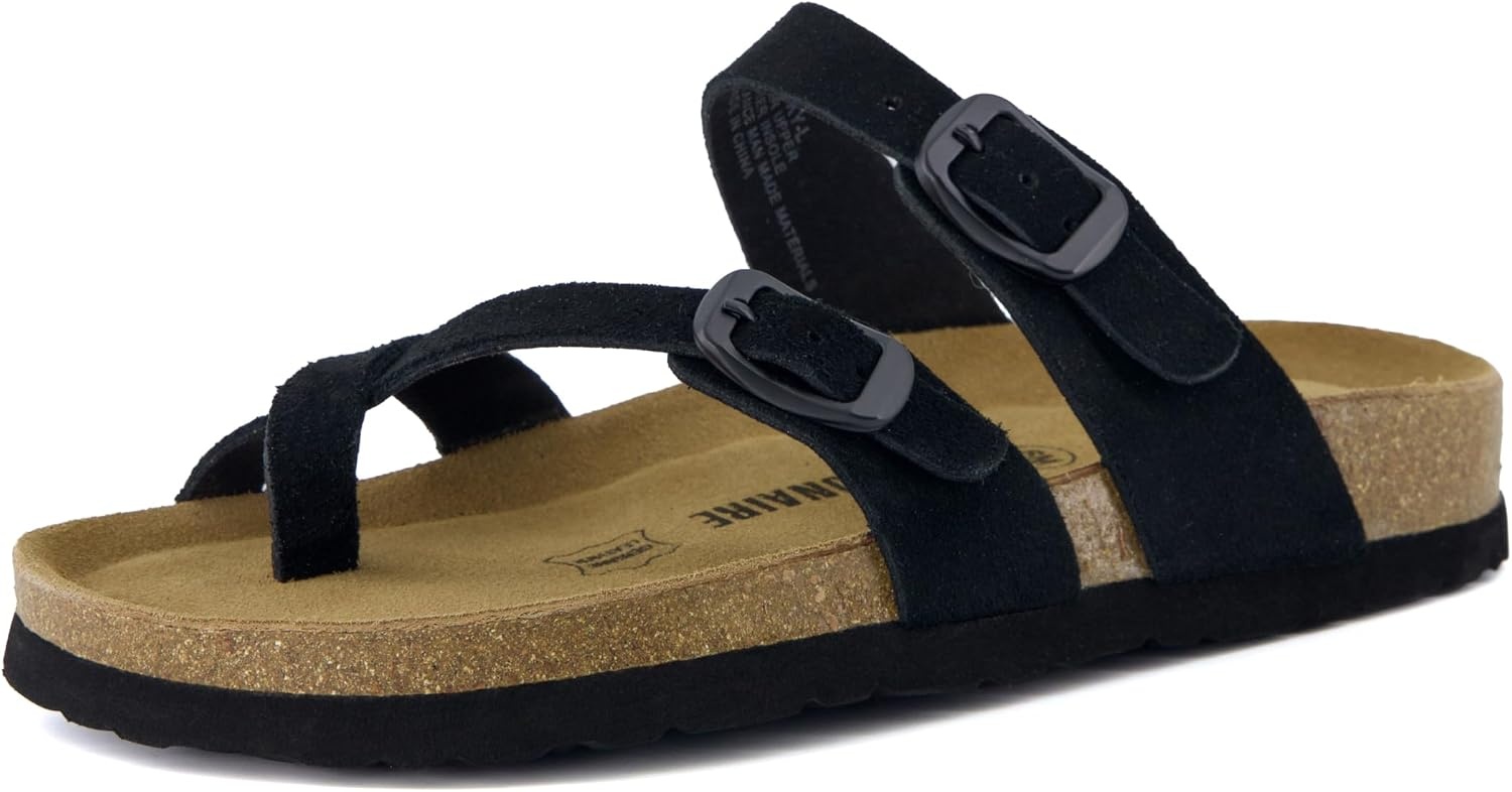 image:imageCUSHIONAIRE Lucky 100 Genuine Leather Suede Womens Sandals Comfortable Cork Footbed Slides for Women with Adjustable BucklesBlack