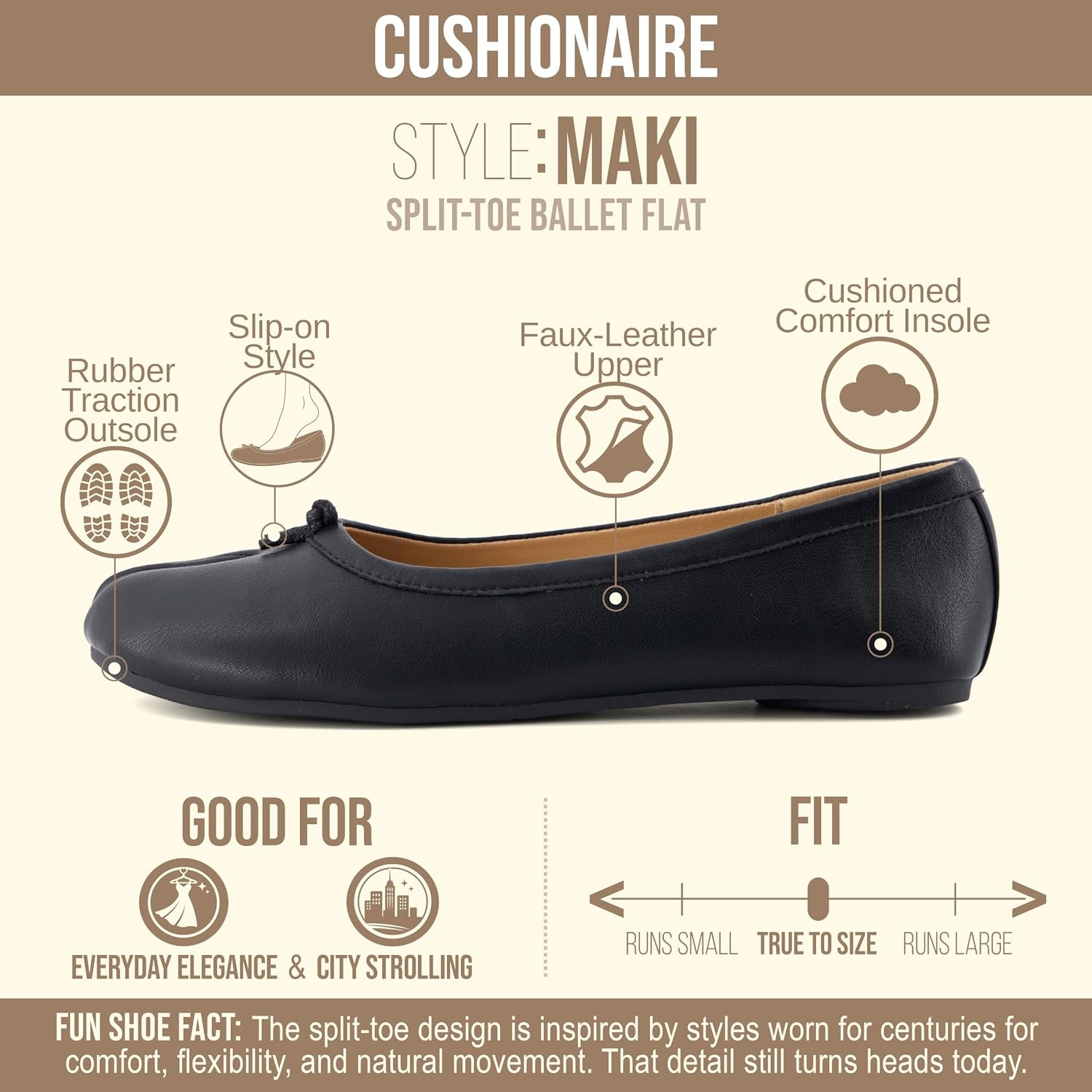 image:imageCUSHIONAIRE Maki Tabi Flats for Women Split Toe Ballet Flats with Flexible Sole and Cushioned FootbedBlack