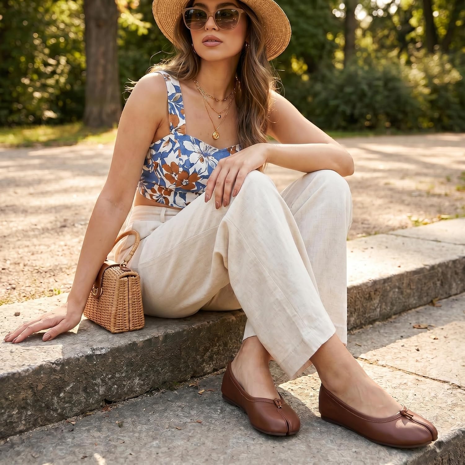 image:imageCUSHIONAIRE Maki Tabi Flats for Women Split Toe Ballet Flats with Flexible Sole and Cushioned FootbedBrown