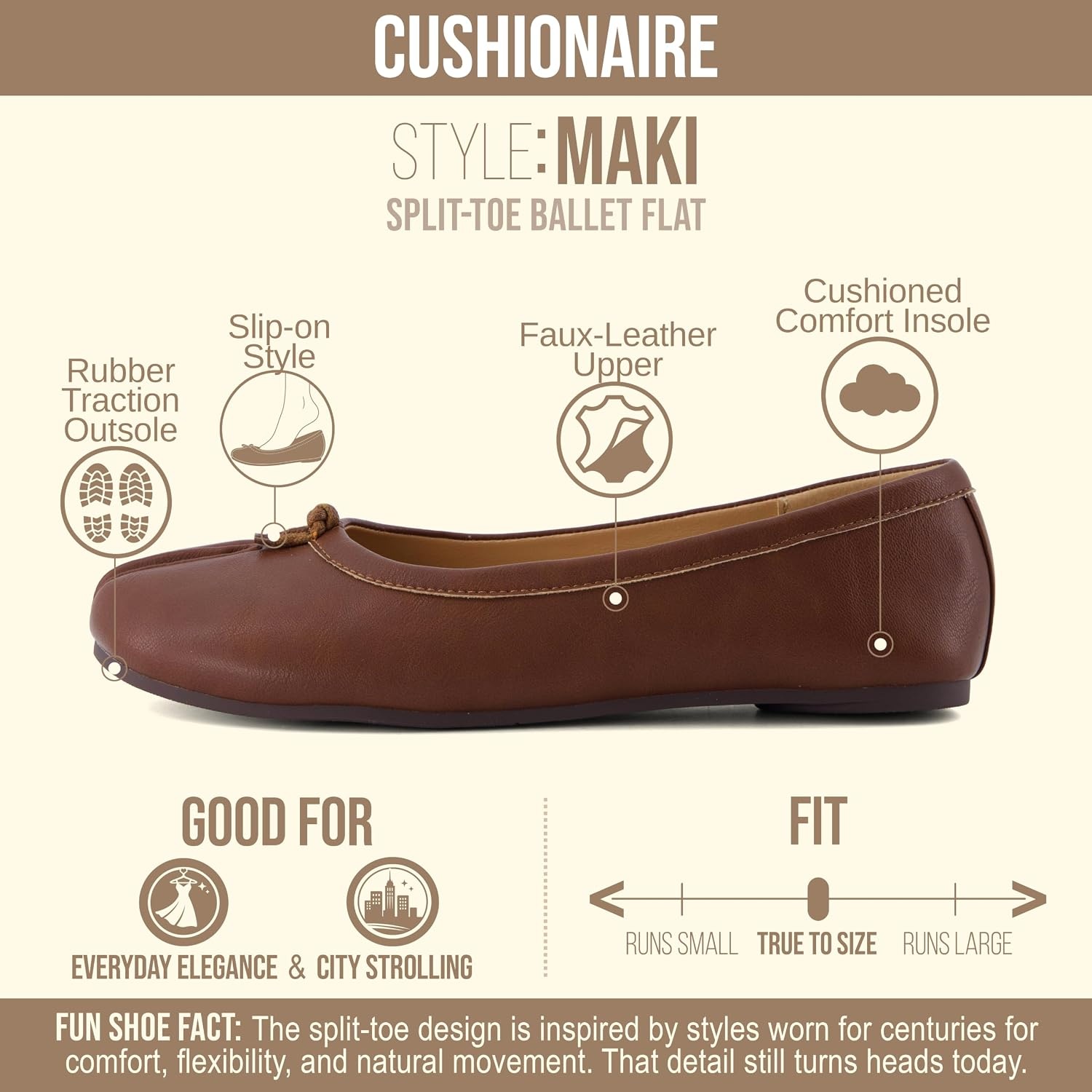 image:imageCUSHIONAIRE Maki Tabi Flats for Women Split Toe Ballet Flats with Flexible Sole and Cushioned FootbedBrown