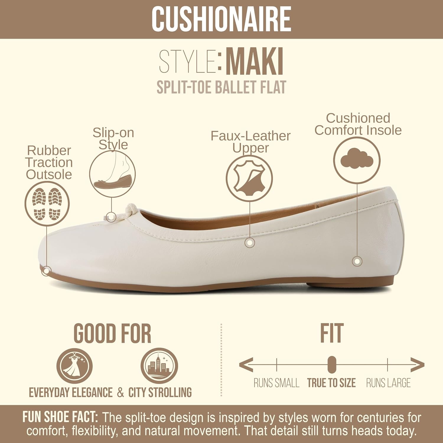 image:imageCUSHIONAIRE Maki Tabi Flats for Women Split Toe Ballet Flats with Flexible Sole and Cushioned FootbedCream