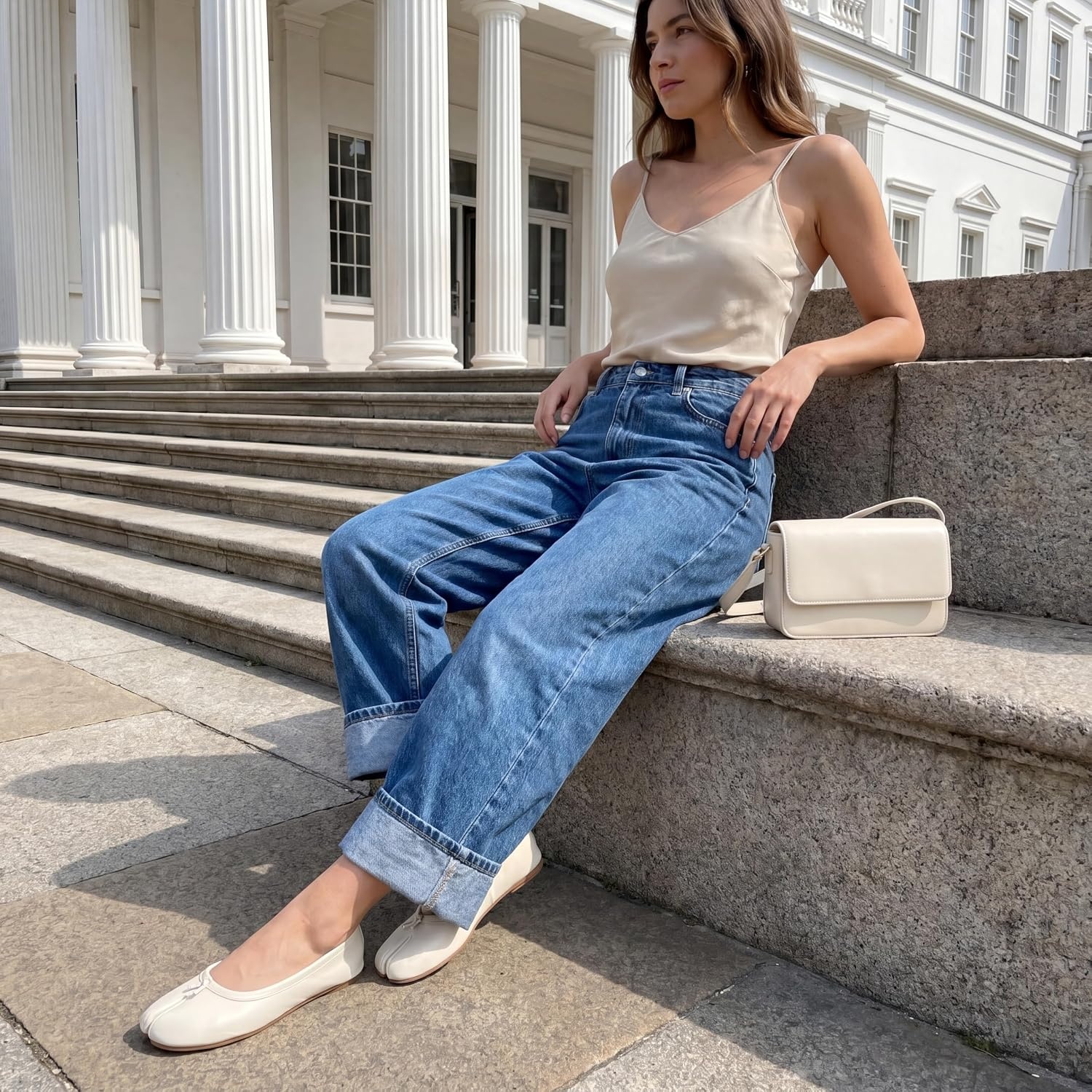 image:imageCUSHIONAIRE Maki Tabi Flats for Women Split Toe Ballet Flats with Flexible Sole and Cushioned FootbedCream