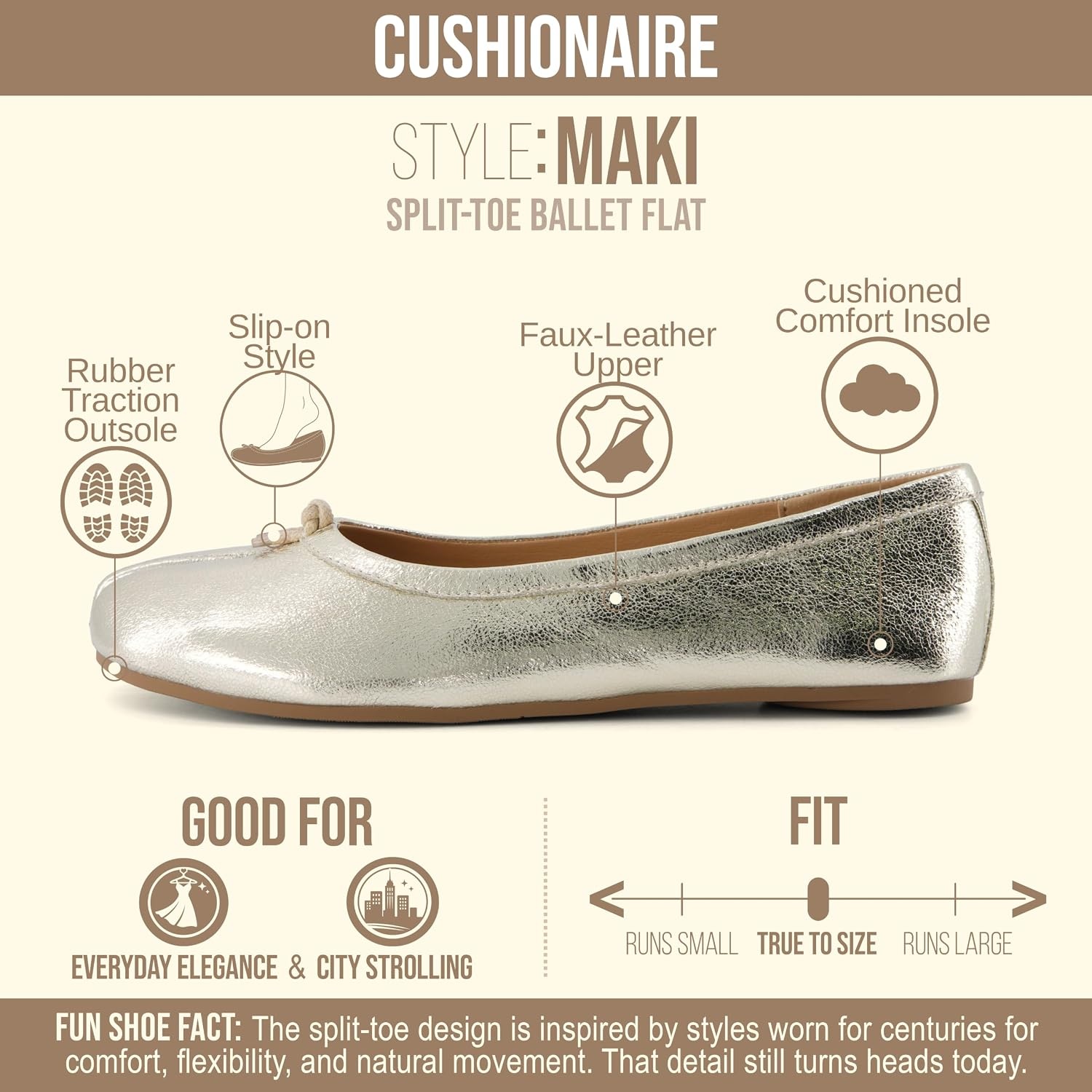 image:imageCUSHIONAIRE Maki Tabi Flats for Women Split Toe Ballet Flats with Flexible Sole and Cushioned FootbedGold