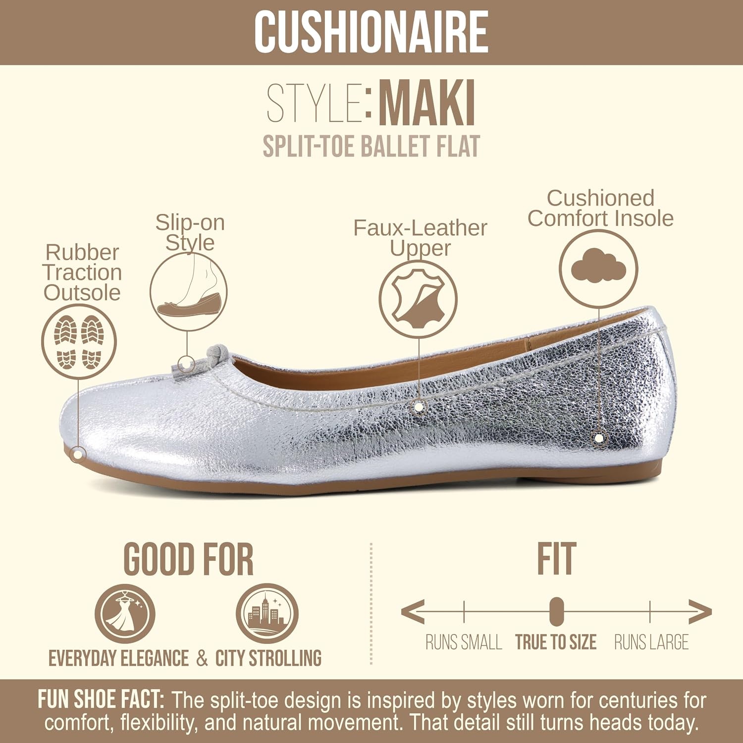 image:imageCUSHIONAIRE Maki Tabi Flats for Women Split Toe Ballet Flats with Flexible Sole and Cushioned FootbedSilver