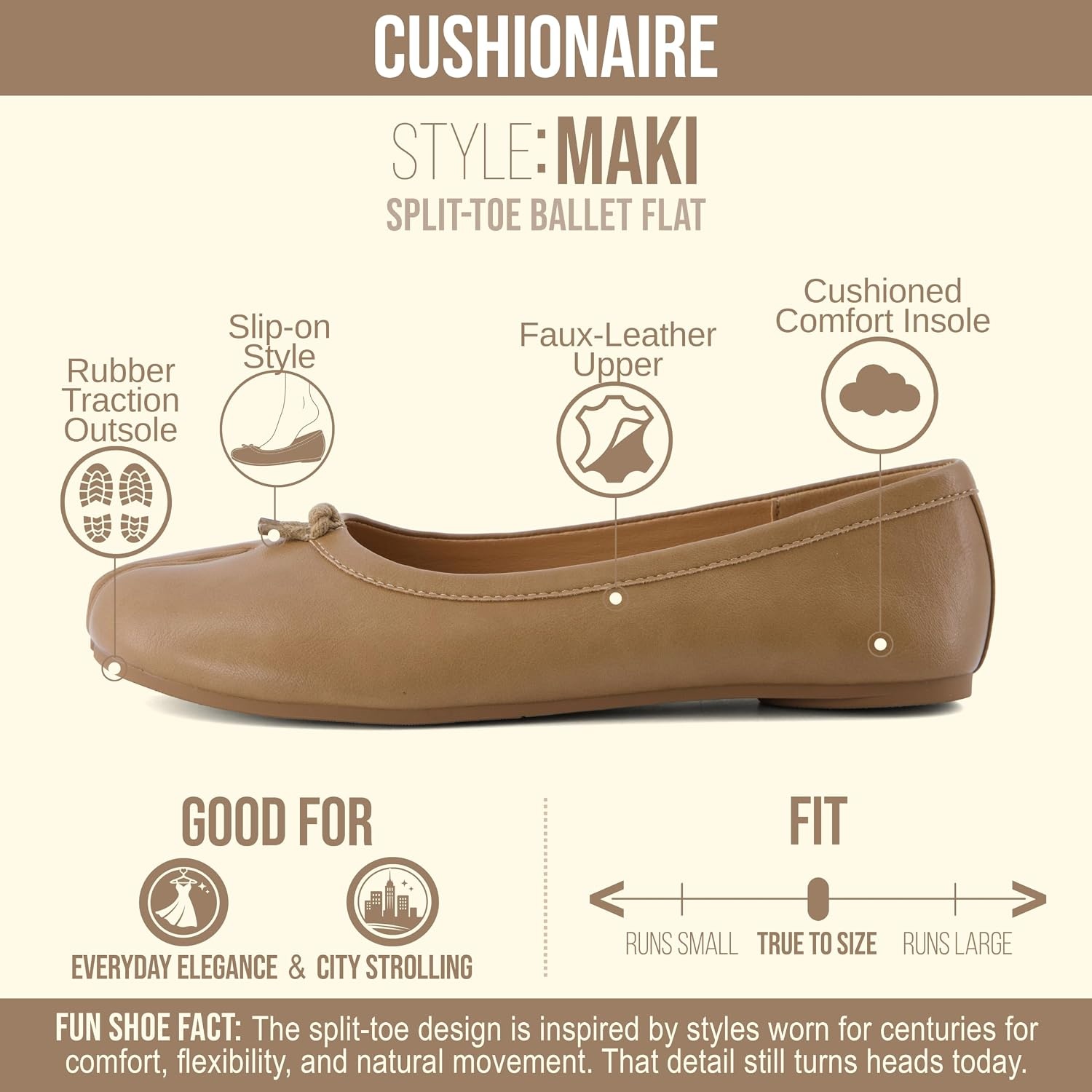image:imageCUSHIONAIRE Maki Tabi Flats for Women Split Toe Ballet Flats with Flexible Sole and Cushioned FootbedTan