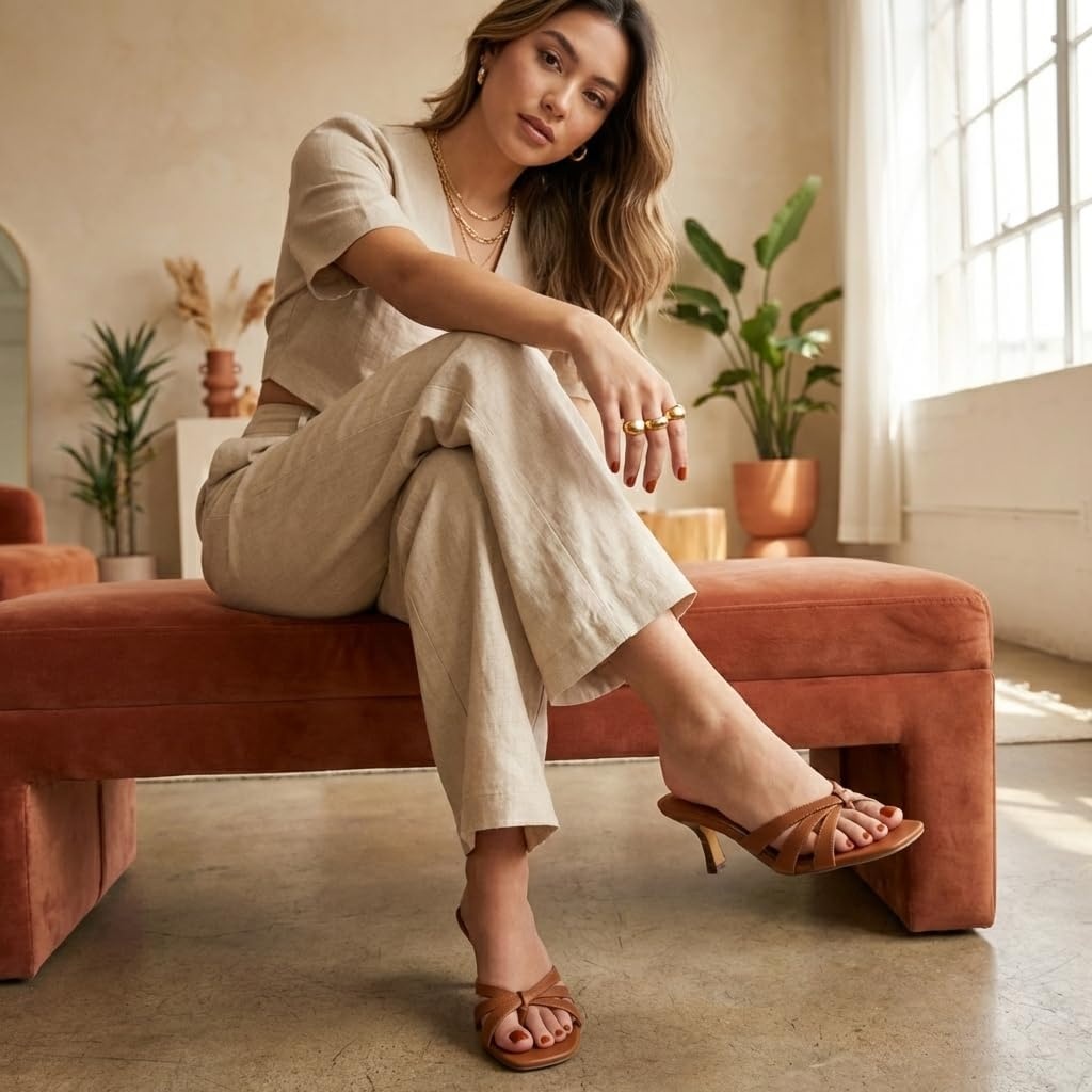image:imageCUSHIONAIRE Malta Strappy Kitten Heels for Women Dressy Open Toe Low Heel Sandals with Memory Foam ComfortWhiskey Smooth