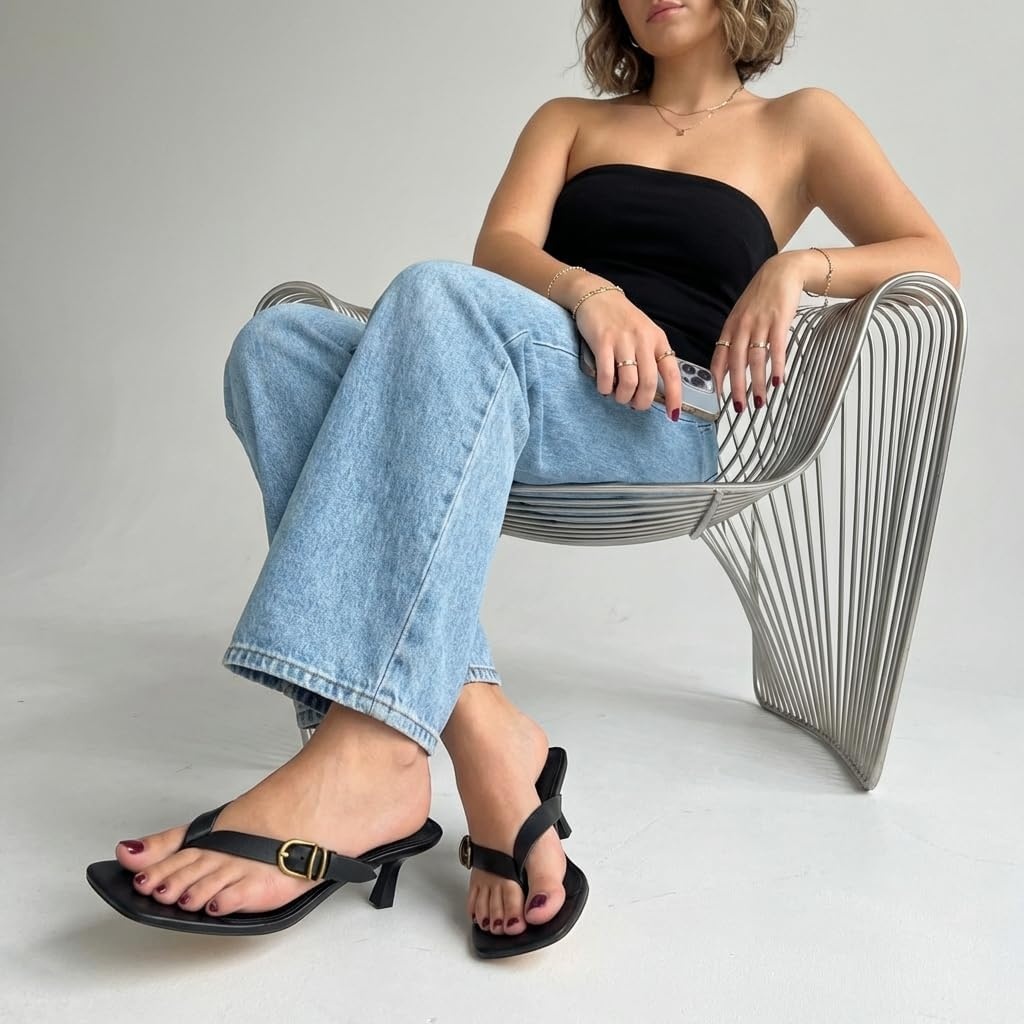 image:imageCUSHIONAIRE Marlin Low Kitten Heels for Women Thong Style Dressy Heeled Womens Sandals with Adjustable Buckle ClosureBlack