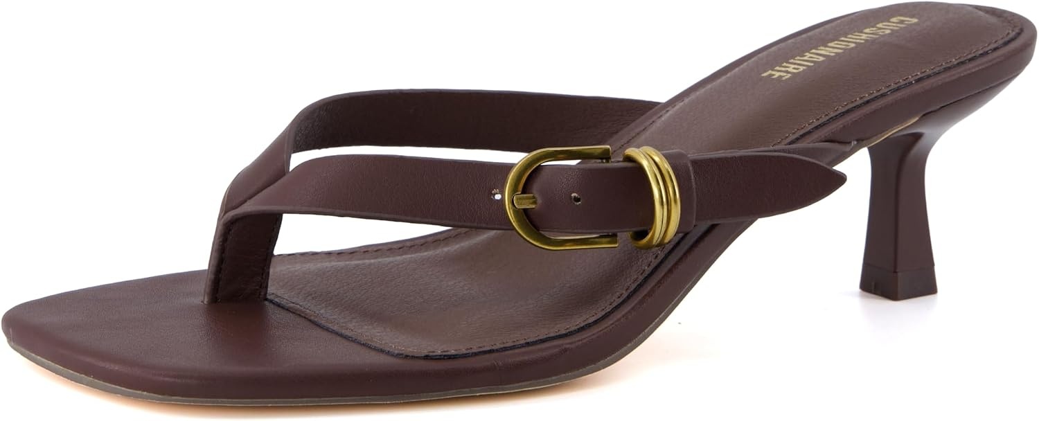 image:imageCUSHIONAIRE Marlin Low Kitten Heels for Women Thong Style Dressy Heeled Womens Sandals with Adjustable Buckle ClosureChocolate