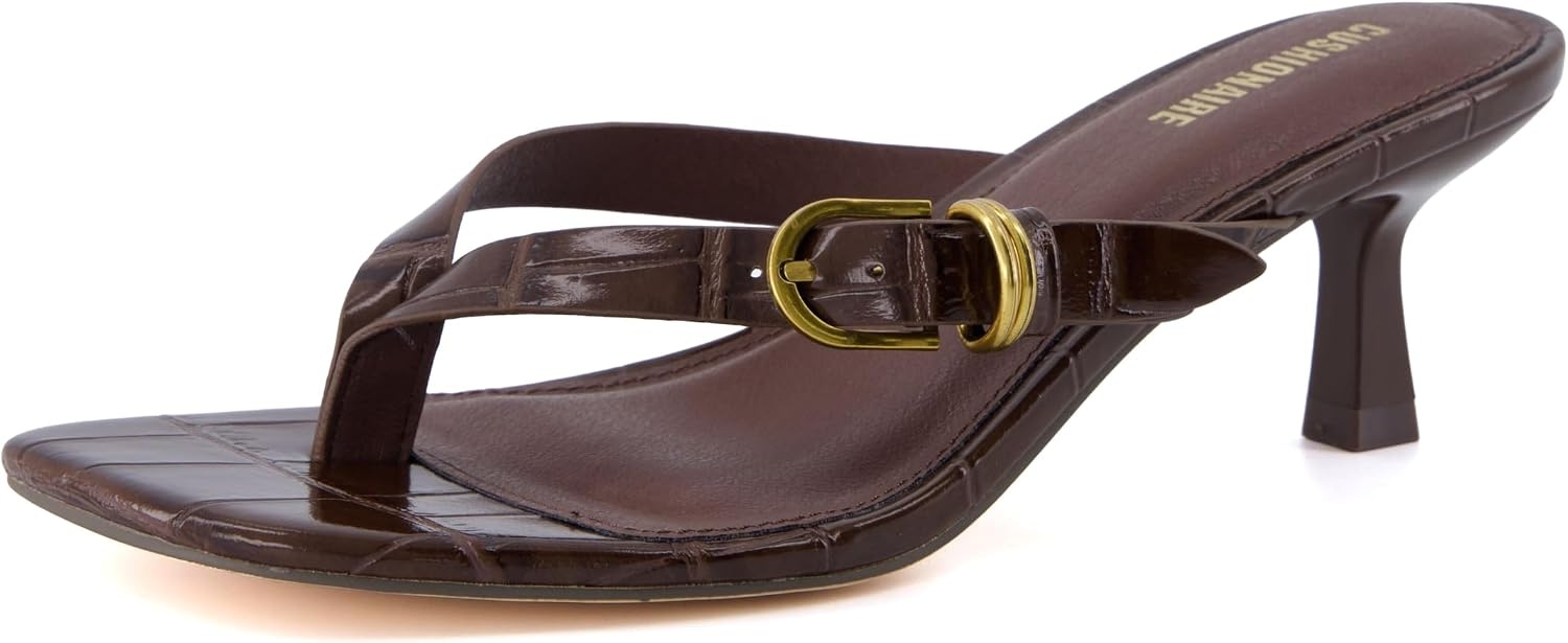 image:imageCUSHIONAIRE Marlin Low Kitten Heels for Women Thong Style Dressy Heeled Womens Sandals with Adjustable Buckle ClosureChocolate Croco