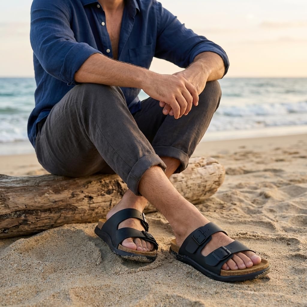 image:imageCUSHIONAIRE Mars Double Buckle Slide Sandals for Men with Cork FootbedBlack