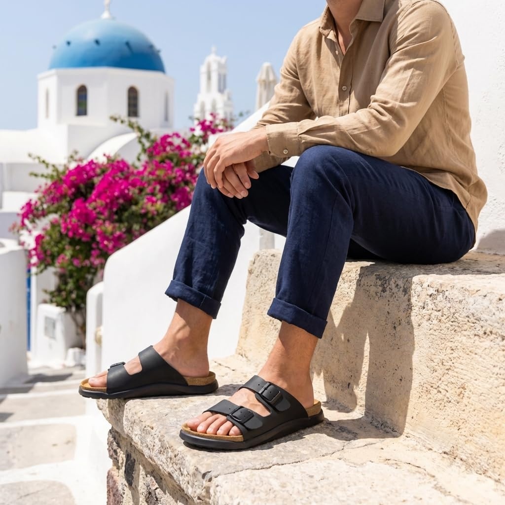 image:imageCUSHIONAIRE Mars Double Buckle Slide Sandals for Men with Cork FootbedBlack