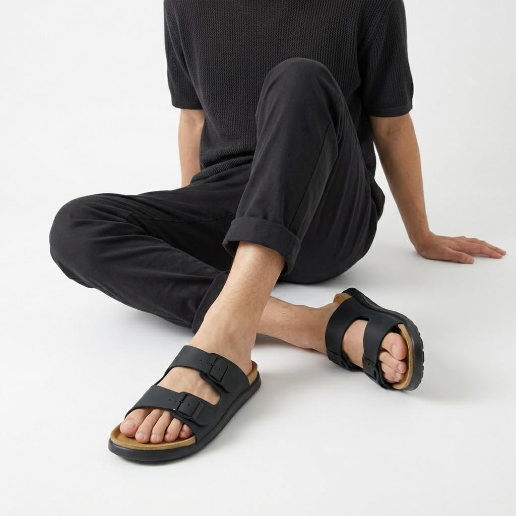 image:imageCUSHIONAIRE Mars Double Buckle Slide Sandals for Men with Cork FootbedBlack