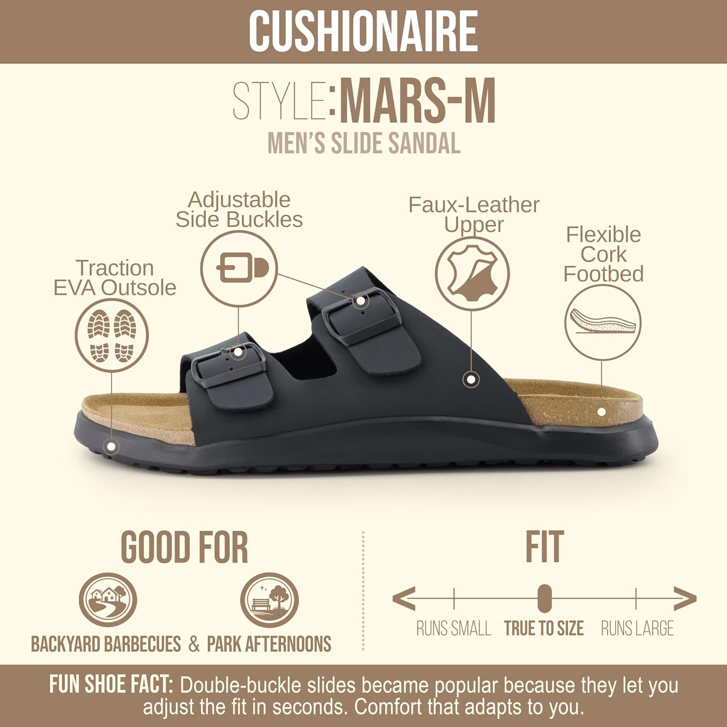 image:imageCUSHIONAIRE Mars Double Buckle Slide Sandals for Men with Cork FootbedBlack